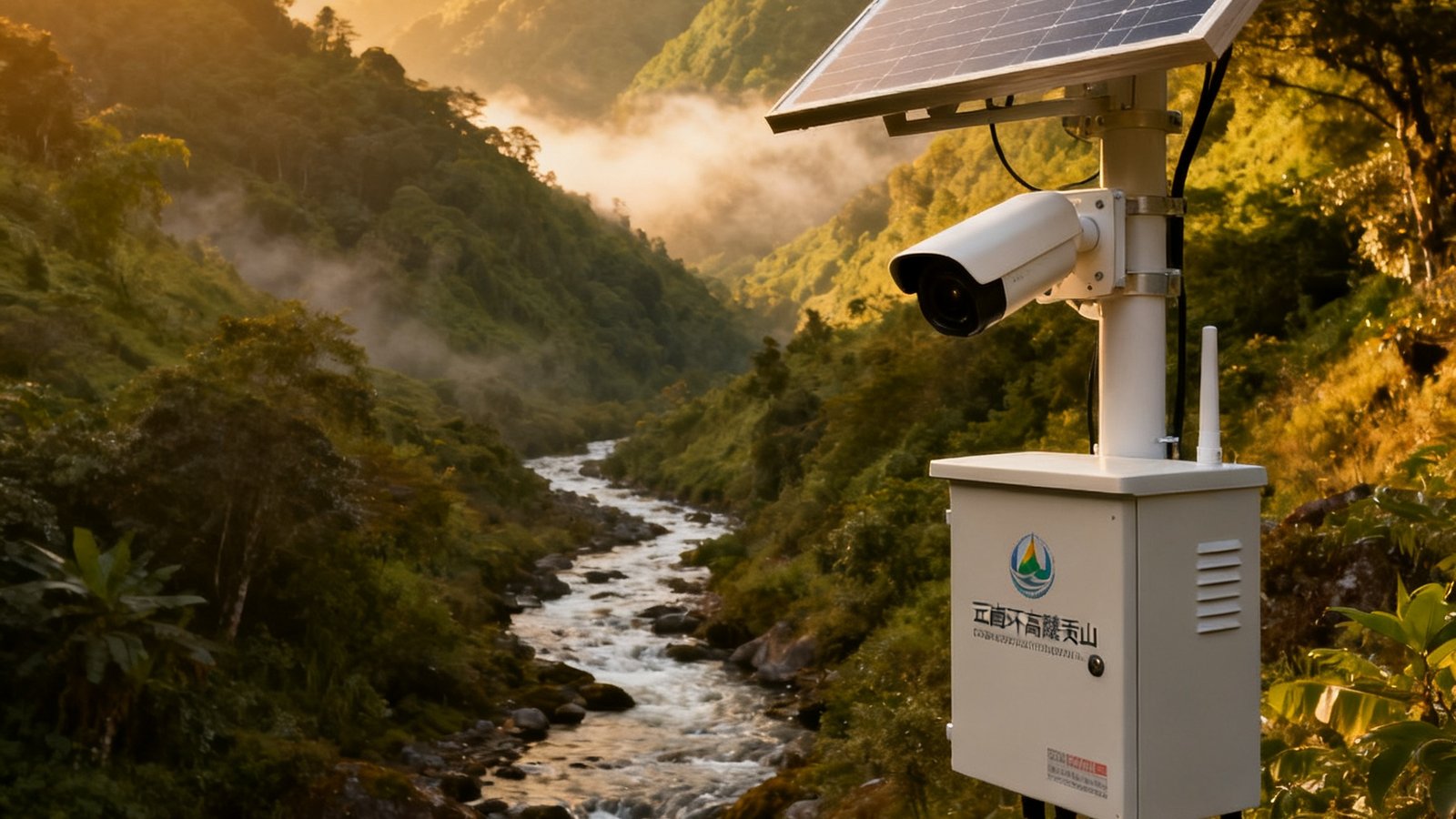 OG视讯生态环境远程监测设备在云南高黎贡山自然保护区的野外部署实景，太阳能板为监测终端供电，摄像头对准山谷中的溪流，远处是连绵的青山和薄雾，展现科技与自然和谐共生。